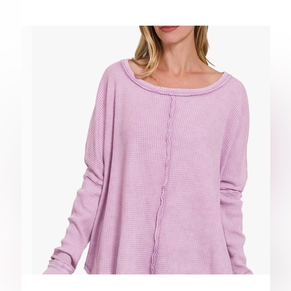 NWOT Zenana Mineral Wash Lavender Purple Waffle Knit Oversized Long Sleeve Top - Picture 6 of 6